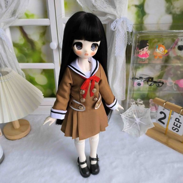 画像2: 在庫あり　ドール衣装　コスプレ　セーラー服　制服　ブラウン　ワンピース　赤リボン　MDD対応　BJD　1/4　球体関節人形用　かわいい (2)