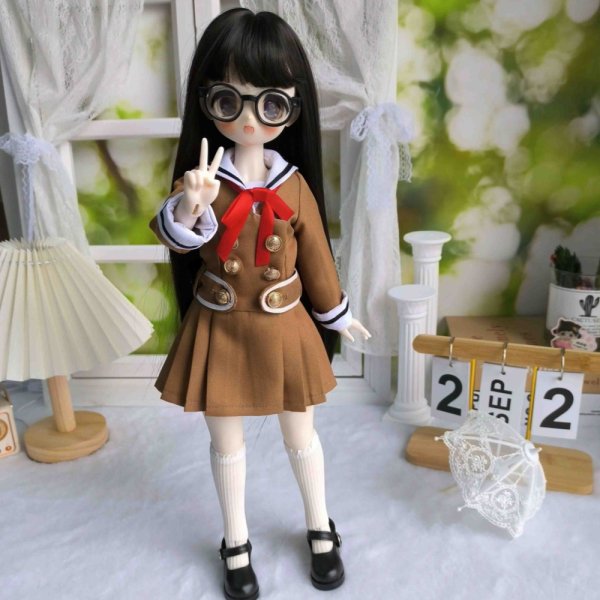 画像1: 在庫あり　ドール衣装　コスプレ　セーラー服　制服　ブラウン　ワンピース　赤リボン　MDD対応　BJD　1/4　球体関節人形用　かわいい (1)