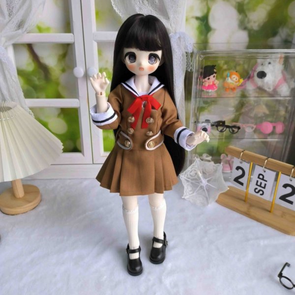 画像3: 在庫あり　ドール衣装　コスプレ　セーラー服　制服　ブラウン　ワンピース　赤リボン　MDD対応　BJD　1/4　球体関節人形用　かわいい (3)